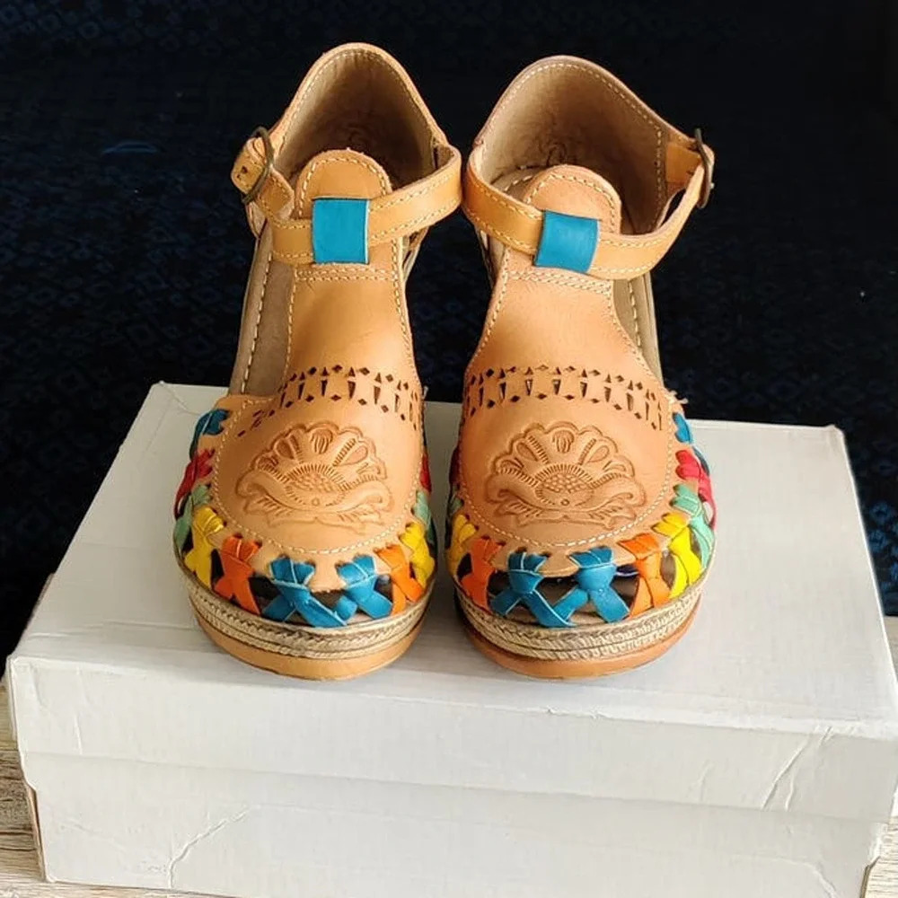 Mexican Platform Espadrille Sandal Huarache Leather Tan with Colorful Accents 7M - Picture 5 of 10